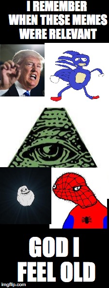 we need more memes like these old classic ones | I REMEMBER WHEN THESE MEMES WERE RELEVANT; GOD I FEEL OLD | image tagged in sanic,spooderman,forever alone,donald trump,darkness | made w/ Imgflip meme maker
