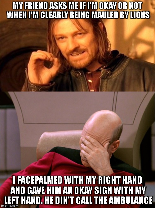 Friends who are idiots | MY FRIEND ASKS ME IF I'M OKAY OR NOT WHEN I'M CLEARLY BEING MAULED BY LIONS; I FACEPALMED WITH MY RIGHT HAND AND GAVE HIM AN OKAY SIGN WITH MY LEFT HAND. HE DIN'T CALL THE AMBULANCE | image tagged in sarcasm,captain picard facepalm | made w/ Imgflip meme maker