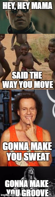 ''Old Singers Week'', March 21st to 28th (A Johnny_Cash Event) | HEY, HEY MAMA; SAID THE WAY YOU MOVE; GONNA MAKE YOU SWEAT; GONNA MAKE YOU GROOVE | image tagged in led zeppelin,richard simmons | made w/ Imgflip meme maker