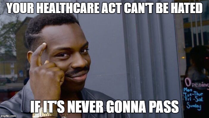 trumpcarelol | YOUR HEALTHCARE ACT CAN'T BE HATED; IF IT'S NEVER GONNA PASS | image tagged in roll safe think about it | made w/ Imgflip meme maker