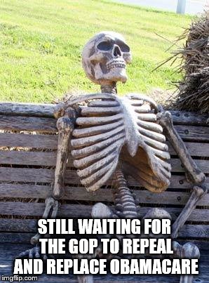 Waiting Skeleton | STILL WAITING FOR THE GOP TO REPEAL AND REPLACE OBAMACARE | image tagged in memes,waiting skeleton | made w/ Imgflip meme maker