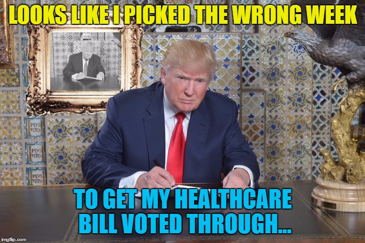 Get me Rex Tillerson! :) | LOOKS LIKE I PICKED THE WRONG WEEK; TO GET MY HEALTHCARE BILL VOTED THROUGH... | image tagged in memes,trump,politics,healthcare,healthcare bill,obamacare | made w/ Imgflip meme maker