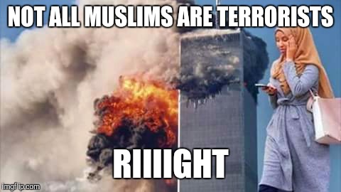 London massacre happy Muslim pedestrian | NOT ALL MUSLIMS ARE TERRORISTS; RIIIIGHT | image tagged in memes | made w/ Imgflip meme maker