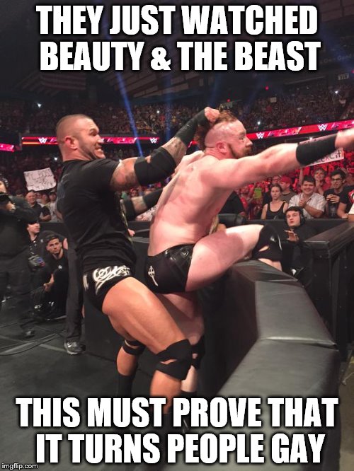 wwe randy ortan having fun with sheamus  | THEY JUST WATCHED BEAUTY & THE BEAST; THIS MUST PROVE THAT IT TURNS PEOPLE GAY | image tagged in wwe randy ortan having fun with sheamus | made w/ Imgflip meme maker