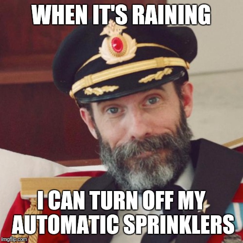 Captain Obvious | WHEN IT'S RAINING; I CAN TURN OFF MY AUTOMATIC SPRINKLERS | image tagged in captain obvious | made w/ Imgflip meme maker