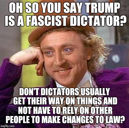 Creepy Condescending Wonka Meme | OH SO YOU SAY TRUMP IS A FASCIST DICTATOR? DON'T DICTATORS USUALLY GET THEIR WAY ON THINGS AND NOT HAVE TO RELY ON OTHER PEOPLE TO MAKE CHANGES TO LAW? | image tagged in memes,creepy condescending wonka | made w/ Imgflip meme maker