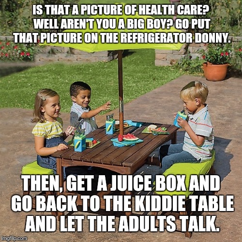 Donald Trump at kiddie table | IS THAT A PICTURE OF HEALTH CARE? WELL AREN'T YOU A BIG BOY? GO PUT THAT PICTURE ON THE REFRIGERATOR DONNY. THEN, GET A JUICE BOX AND GO BACK TO THE KIDDIE TABLE AND LET THE ADULTS TALK. | image tagged in donald trump,kiddie table | made w/ Imgflip meme maker