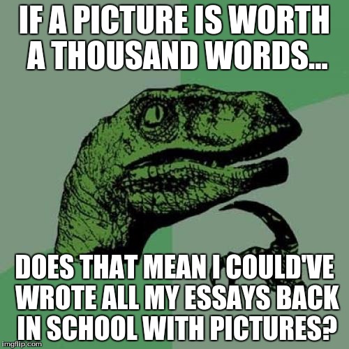 Philosoraptor | IF A PICTURE IS WORTH A THOUSAND WORDS... DOES THAT MEAN I COULD'VE WROTE ALL MY ESSAYS BACK IN SCHOOL WITH PICTURES? | image tagged in memes,philosoraptor,a picture is worth a thousand words | made w/ Imgflip meme maker