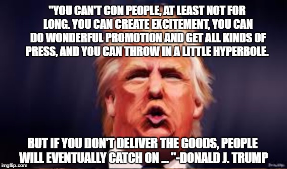 Pull the Curtain, toto | "YOU CAN'T CON PEOPLE, AT LEAST NOT FOR LONG. YOU CAN CREATE EXCITEMENT, YOU CAN DO WONDERFUL PROMOTION AND GET ALL KINDS OF PRESS, AND YOU CAN THROW IN A LITTLE HYPERBOLE. BUT IF YOU DON'T DELIVER THE GOODS, PEOPLE WILL EVENTUALLY CATCH ON ... "-DONALD J. TRUMP | image tagged in trump | made w/ Imgflip meme maker