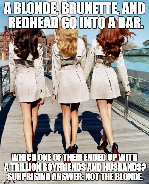 A BLONDE, BRUNETTE, AND REDHEAD GO INTO A BAR. WHICH ONE OF THEM ENDED UP WITH A TRILLION BOYFRIENDS AND HUSBANDS? SURPRISING ANSWER: NOT THE BLONDE. | image tagged in trio | made w/ Imgflip meme maker