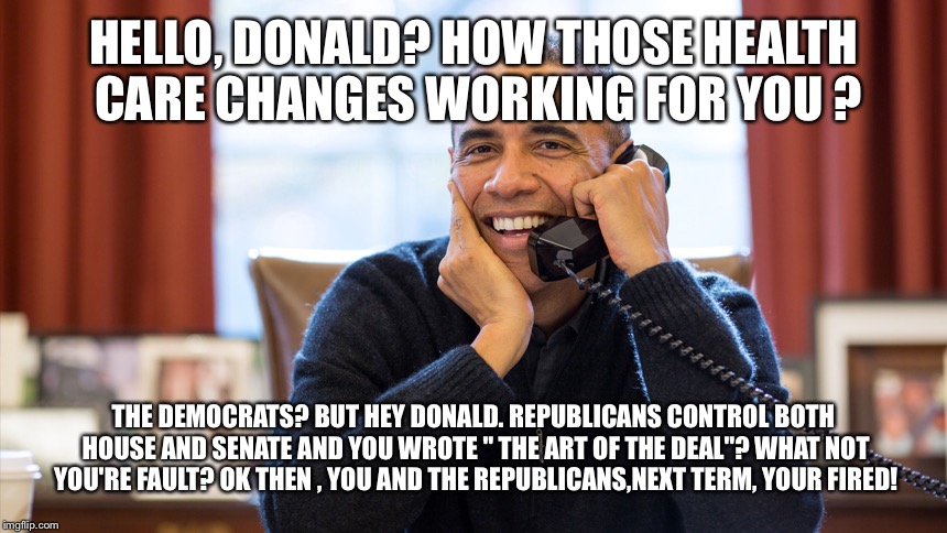 HELLO, DONALD? HOW THOSE HEALTH CARE CHANGES WORKING FOR YOU ? THE DEMOCRATS? BUT HEY DONALD. REPUBLICANS CONTROL BOTH HOUSE AND SENATE AND  | made w/ Imgflip meme maker