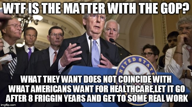 Republican senators | WTF IS THE MATTER WITH THE GOP? WHAT THEY WANT DOES NOT COINCIDE WITH WHAT AMERICANS WANT FOR HEALTHCARE,LET IT GO AFTER 8 FRIGGIN YEARS AND GET TO SOME REAL WORK | image tagged in republican senators | made w/ Imgflip meme maker