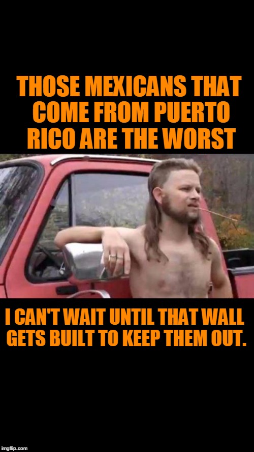 Politically, geographic, incorrect redneck. | THOSE MEXICANS THAT COME FROM PUERTO RICO ARE THE WORST; I CAN'T WAIT UNTIL THAT WALL GETS BUILT TO KEEP THEM OUT. | image tagged in redneck hillbilly | made w/ Imgflip meme maker