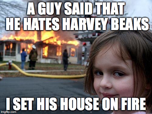 Disaster Girl | A GUY SAID THAT HE HATES HARVEY BEAKS; I SET HIS HOUSE ON FIRE | image tagged in memes,disaster girl | made w/ Imgflip meme maker
