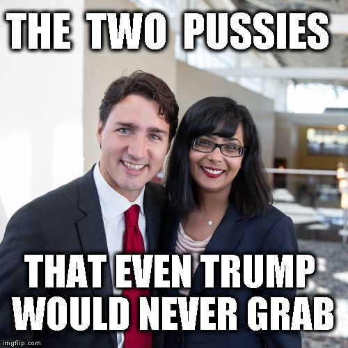 Trudeau The Pussy | THE  TWO  PUSSIES; THAT EVEN TRUMP WOULD NEVER GRAB | image tagged in justin trudeau,memes,funny memes | made w/ Imgflip meme maker
