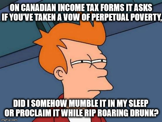 Futurama Fry | ON CANADIAN INCOME TAX FORMS IT ASKS IF YOU'VE TAKEN A VOW OF PERPETUAL POVERTY, DID I SOMEHOW MUMBLE IT IN MY SLEEP OR PROCLAIM IT WHILE RIP ROARING DRUNK? | image tagged in memes,futurama fry | made w/ Imgflip meme maker