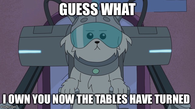 Rick and Morty | GUESS WHAT; I OWN YOU NOW THE TABLES HAVE TURNED | image tagged in rick and morty | made w/ Imgflip meme maker