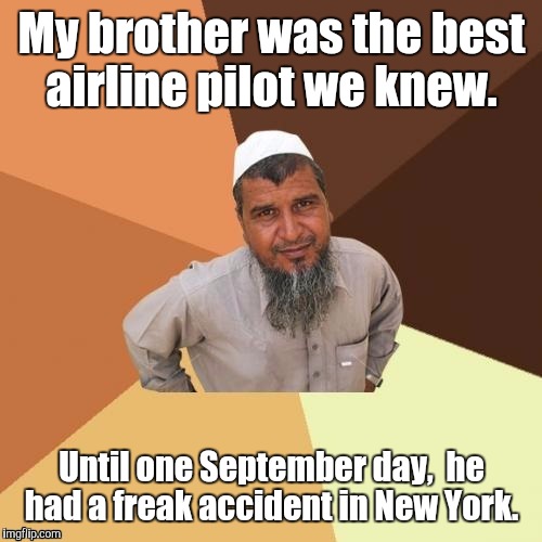 1awhcf.jpg | My brother was the best airline pilot we knew. Until one September day,  he had a freak accident in New York. | image tagged in 1awhcfjpg | made w/ Imgflip meme maker