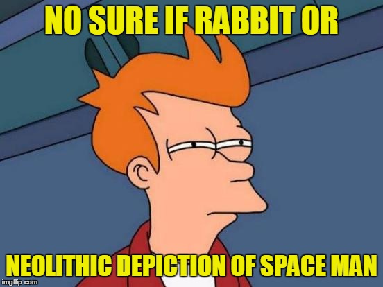 Futurama Fry Meme | NO SURE IF RABBIT OR NEOLITHIC DEPICTION OF SPACE MAN | image tagged in memes,futurama fry | made w/ Imgflip meme maker