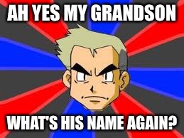 Professor Oak Meme | AH YES MY GRANDSON; WHAT'S HIS NAME AGAIN? | image tagged in memes,professor oak | made w/ Imgflip meme maker