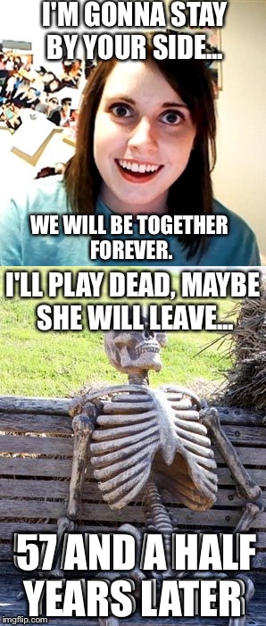 I'M GONNA STAY BY YOUR SIDE... WE WILL BE TOGETHER FOREVER. 57 AND A HALF YEARS LATER | image tagged in much later,together forever | made w/ Imgflip meme maker