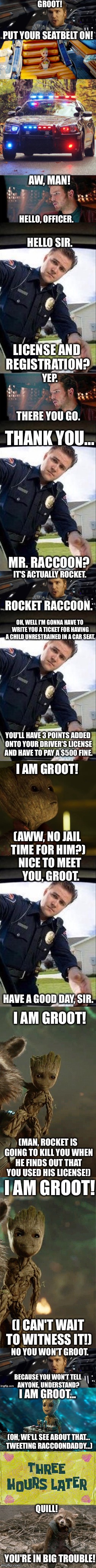 Groot's Favorite Babysitter | GROOT! PUT YOUR SEATBELT ON! AW, MAN! HELLO, OFFICER. HELLO SIR. LICENSE AND REGISTRATION? YEP. THERE YOU GO. THANK YOU... MR. RACCOON? IT'S ACTUALLY ROCKET. ROCKET RACCOON. OH, WELL I'M GONNA HAVE TO WRITE YOU A TICKET FOR HAVING A CHILD UNRESTRAINED IN A CAR SEAT. YOU'LL HAVE 3 POINTS ADDED ONTO YOUR DRIVER'S LICENSE AND HAVE TO PAY A $500 FINE. I AM GROOT! (AWW, NO JAIL TIME FOR HIM?); NICE TO MEET YOU, GROOT. HAVE A GOOD DAY, SIR. I AM GROOT! (MAN, ROCKET IS GOING TO KILL YOU WHEN HE FINDS OUT THAT YOU USED HIS LICENSE!); I AM GROOT! (I CAN'T WAIT TO WITNESS IT!); NO YOU WON'T GROOT. BECAUSE YOU WON'T TELL ANYONE, UNDERSTAND? I AM GROOT... (OH, WE'LL SEE ABOUT THAT... TWEETING RACCOONDADDY...); QUILL! YOU'RE IN BIG TROUBLE! | image tagged in groot,rocket,quill,gotg2,memes | made w/ Imgflip meme maker
