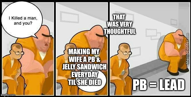 prisoners blank | THAT WAS VERY THOUGHTFUL; MAKING MY WIFE A PB & JELLY SANDWICH EVERYDAY TIL SHE DIED; PB = LEAD | image tagged in prisoners blank | made w/ Imgflip meme maker