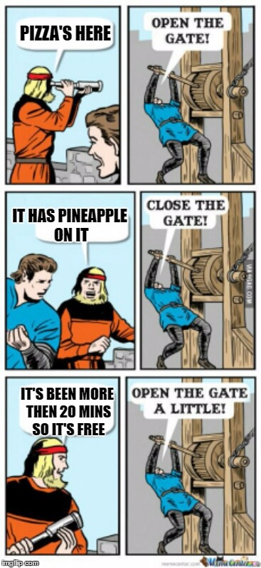 Open the gate a little | PIZZA'S HERE; IT HAS PINEAPPLE ON IT; IT'S BEEN MORE THEN 20 MINS SO IT'S FREE | image tagged in open the gate a little | made w/ Imgflip meme maker