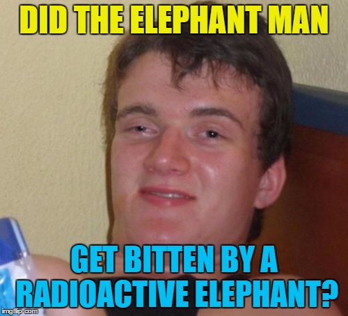 You never know :) | DID THE ELEPHANT MAN; GET BITTEN BY A RADIOACTIVE ELEPHANT? | image tagged in memes,10 guy,elephant man,spiderman | made w/ Imgflip meme maker