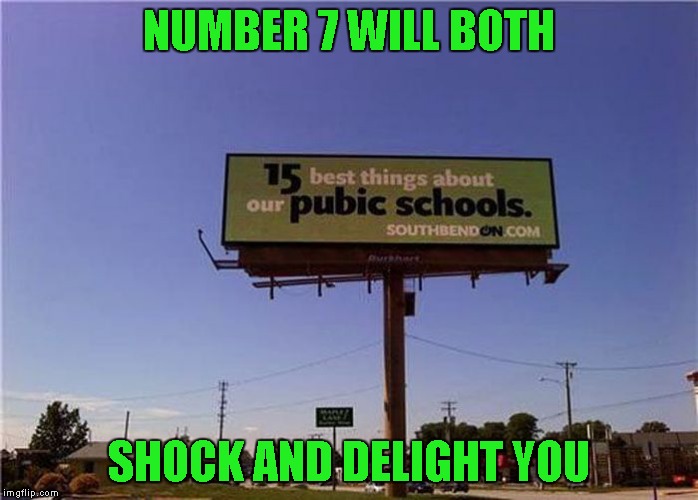 I'll bet one of them is landing strips!!! | NUMBER 7 WILL BOTH; SHOCK AND DELIGHT YOU | image tagged in literacy,memes,funny signs,sign,funny,public school | made w/ Imgflip meme maker