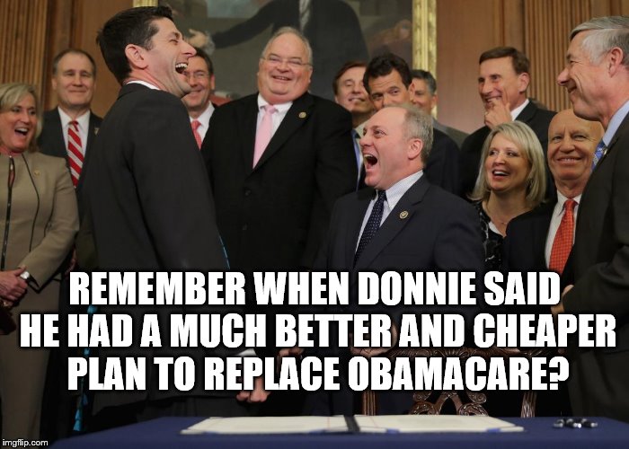 REMEMBER WHEN DONNIE SAID HE HAD A MUCH BETTER AND CHEAPER PLAN TO REPLACE OBAMACARE? | image tagged in ryan laugh | made w/ Imgflip meme maker