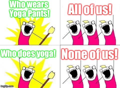 That moment yoga Pants lost its sole purpose... |  Who wears Yoga Pants! All of us! Who does yoga! None of us! | image tagged in memes,what do we want,yoga pants,yoga,yoga pants week | made w/ Imgflip meme maker
