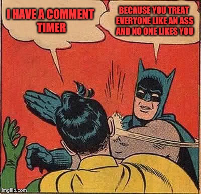 Batman Slapping Robin Meme | I HAVE A COMMENT TIMER; BECAUSE YOU TREAT EVERYONE LIKE AN ASS AND NO ONE LIKES YOU | image tagged in memes,batman slapping robin | made w/ Imgflip meme maker