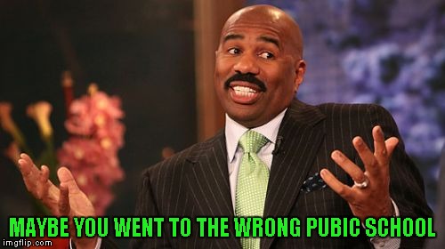 Steve Harvey Meme | MAYBE YOU WENT TO THE WRONG PUBIC SCHOOL | image tagged in memes,steve harvey | made w/ Imgflip meme maker