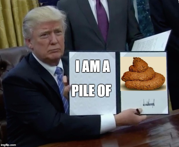 Trump Bill Signing Meme | I AM A; PILE OF | image tagged in trump bill signing | made w/ Imgflip meme maker