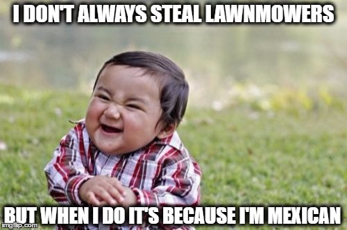 I Don't Always Steal Lawnmowers | I DON'T ALWAYS STEAL LAWNMOWERS; BUT WHEN I DO
IT'S BECAUSE I'M MEXICAN | image tagged in memes,evil toddler,mexican,mexicans,mexican word of the day | made w/ Imgflip meme maker