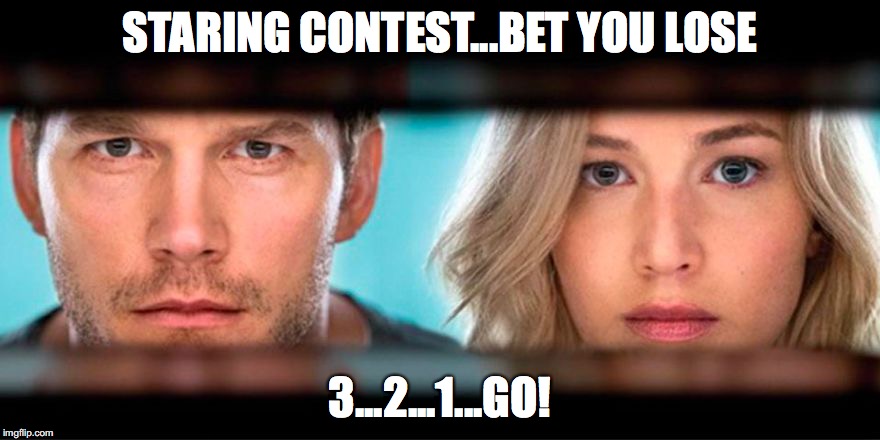 STARING CONTEST...BET YOU LOSE; 3...2...1...GO! | image tagged in passengers | made w/ Imgflip meme maker