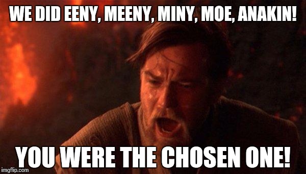 You Were The Chosen One (Star Wars) | WE DID EENY, MEENY, MINY, MOE, ANAKIN! YOU WERE THE CHOSEN ONE! | image tagged in memes,you were the chosen one star wars | made w/ Imgflip meme maker