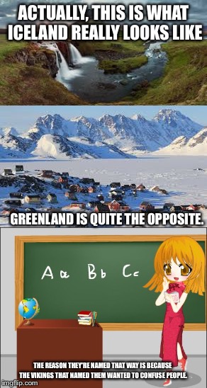 ACTUALLY, THIS IS WHAT ICELAND REALLY LOOKS LIKE GREENLAND IS QUITE THE OPPOSITE. THE REASON THEY'RE NAMED THAT WAY IS BECAUSE THE VIKINGS T | made w/ Imgflip meme maker