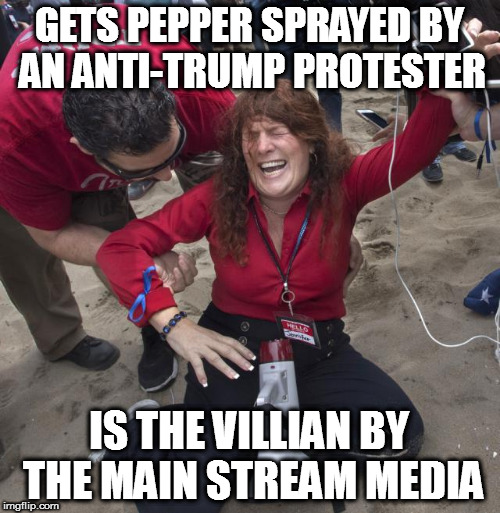 GETS PEPPER SPRAYED BY AN ANTI-TRUMP PROTESTER; IS THE VILLIAN BY THE MAIN STREAM MEDIA | image tagged in anti-trump trump protest huntington beach surf city california pepper spray sprayed | made w/ Imgflip meme maker