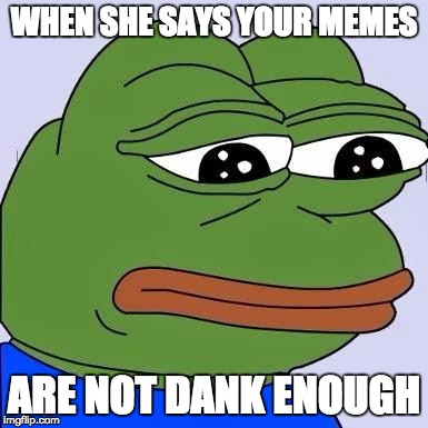 pepe | WHEN SHE SAYS YOUR MEMES; ARE NOT DANK ENOUGH | image tagged in pepe | made w/ Imgflip meme maker