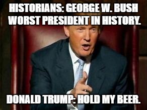 Donald Trump | HISTORIANS: GEORGE W. BUSH WORST PRESIDENT IN HISTORY. DONALD TRUMP: HOLD MY BEER. | image tagged in donald trump | made w/ Imgflip meme maker