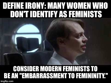 Steve Buscemi Irony | DEFINE IRONY: MANY WOMEN WHO DON'T IDENTIFY AS FEMINISTS; CONSIDER MODERN FEMINISTS TO BE AN "EMBARRASSMENT TO FEMININITY." | image tagged in steve buscemi irony | made w/ Imgflip meme maker