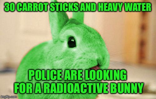 RayBunny | 30 CARROT STICKS AND HEAVY WATER POLICE ARE LOOKING FOR A RADIOACTIVE BUNNY | image tagged in raybunny | made w/ Imgflip meme maker