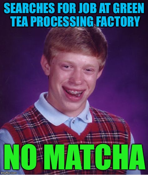 Bad Luck Brian | SEARCHES FOR JOB AT GREEN TEA PROCESSING FACTORY; NO MATCHA | image tagged in memes,bad luck brian | made w/ Imgflip meme maker