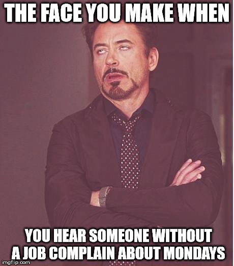 Face You Make Robert Downey Jr Meme | THE FACE YOU MAKE WHEN; YOU HEAR SOMEONE WITHOUT A JOB COMPLAIN ABOUT MONDAYS | image tagged in memes,face you make robert downey jr | made w/ Imgflip meme maker