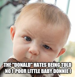 Skeptical Baby | THE "DONALD" HATES BEING TOLD NO ! 
POOR LITTLE BABY DONNIE ! | image tagged in memes,skeptical baby | made w/ Imgflip meme maker
