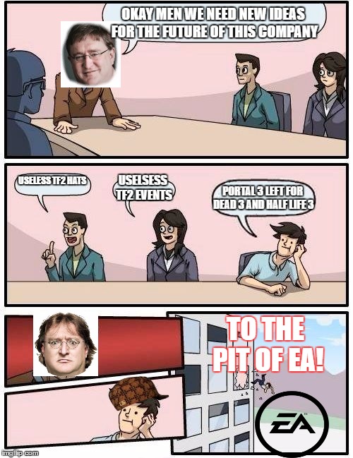 Boardroom Meeting Suggestion Meme | OKAY MEN WE NEED NEW IDEAS FOR THE FUTURE OF THIS COMPANY; USELESS TF2 HATS; USELSESS TF2 EVENTS; PORTAL 3 LEFT FOR DEAD 3 AND HALF LIFE 3; TO THE PIT OF EA! | image tagged in memes,boardroom meeting suggestion,scumbag | made w/ Imgflip meme maker