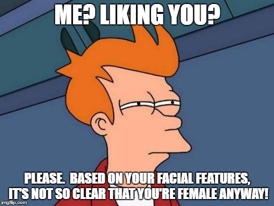 Futurama Fry | ME? LIKING YOU? PLEASE.  BASED ON YOUR FACIAL FEATURES, IT'S NOT SO CLEAR THAT YOU'RE FEMALE ANYWAY! | image tagged in memes,futurama fry | made w/ Imgflip meme maker