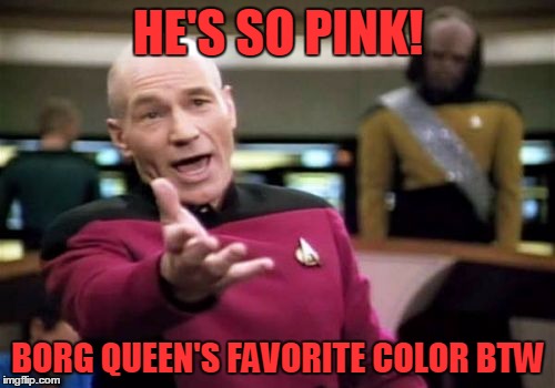 Picard Wtf Meme | HE'S SO PINK! BORG QUEEN'S FAVORITE COLOR BTW | image tagged in memes,picard wtf | made w/ Imgflip meme maker